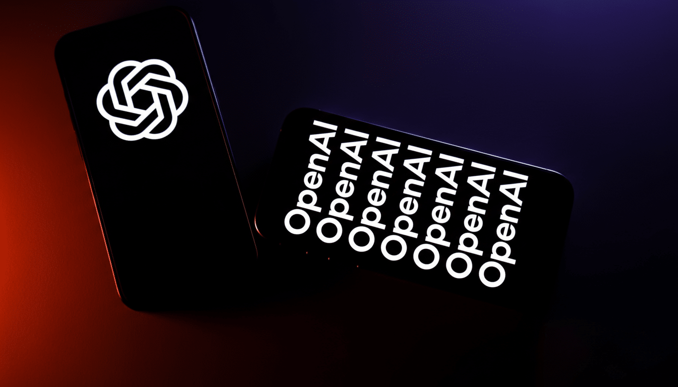 Two smartphones displaying OpenAI logos and text, set against a dark background with red and blue lighting.