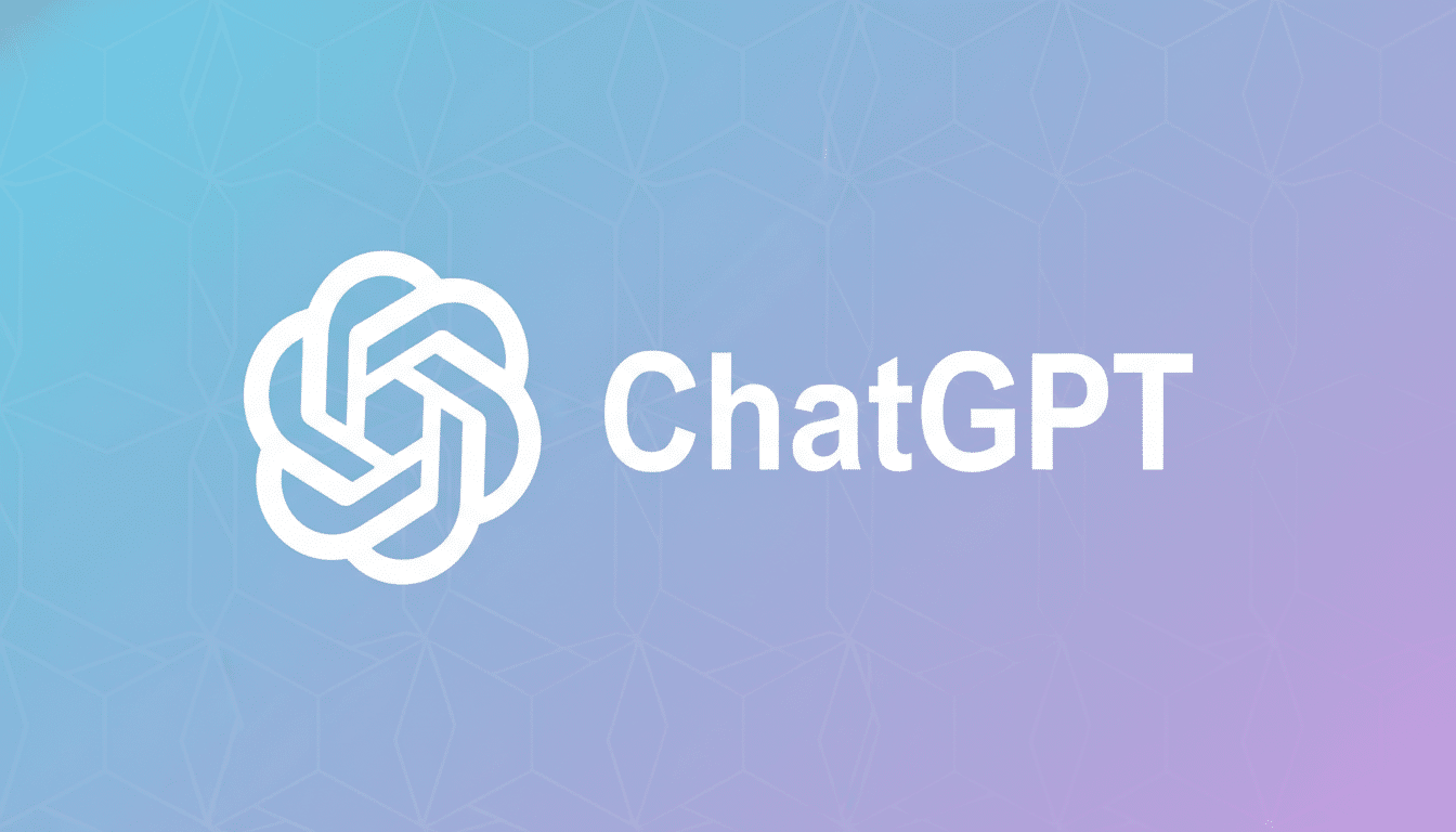 The ChatGPT logo and text on a professional flat design background with soft blue and purple gradients and subtle geometric patterns.