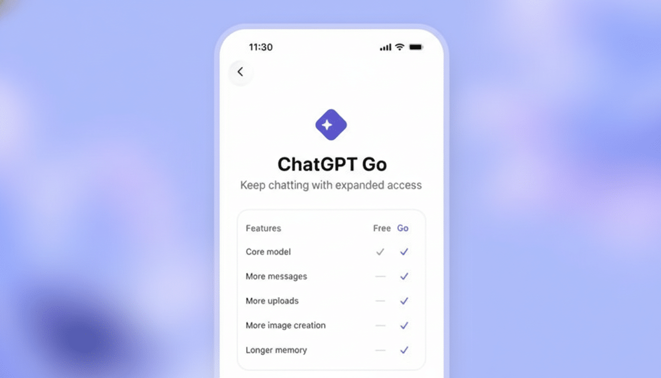 A mobile phone screen displaying the ChatGPT Go interface with a list of features and their availability for free and Go versions.