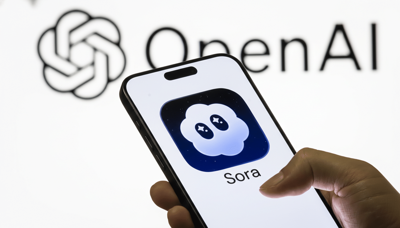 A hand holding a smartphone displaying the Sora app icon, with the OpenAI logo blurred in the background.