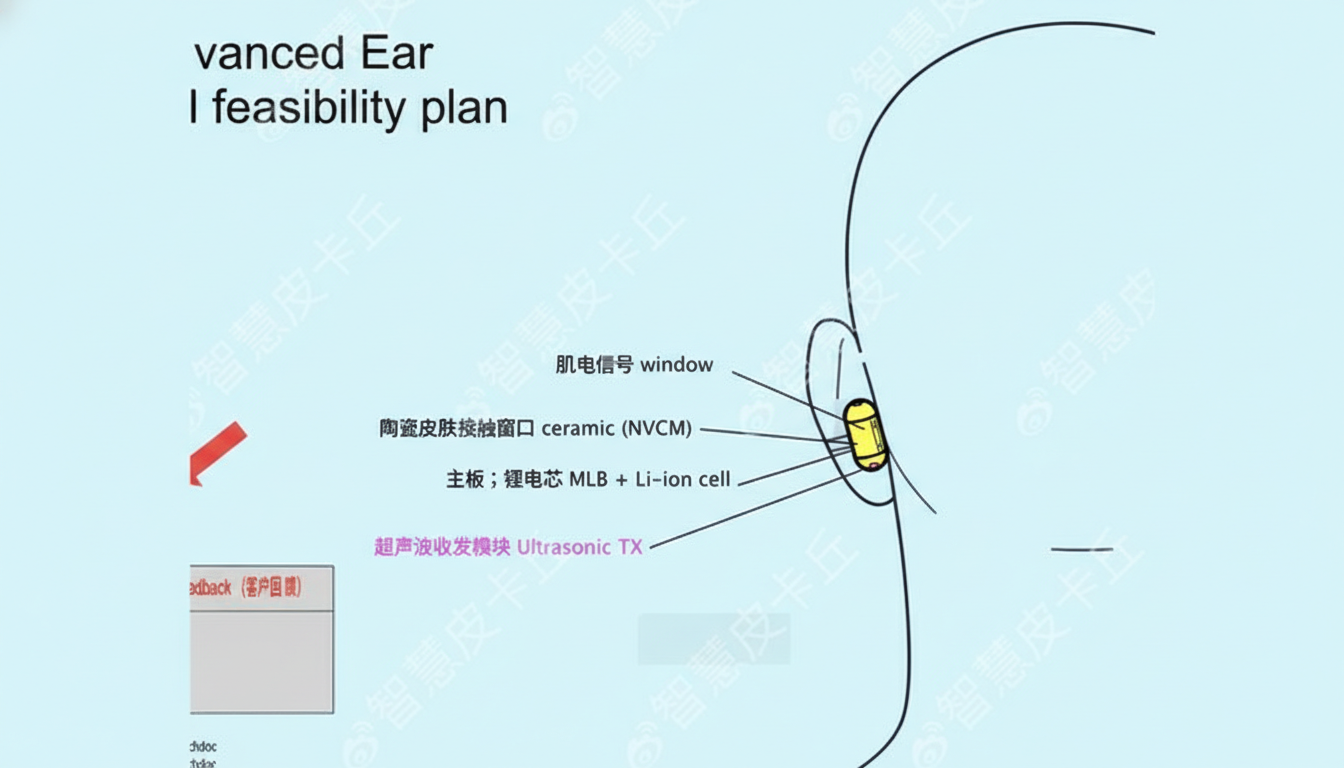 A diagram showing an advanced ear feasibility plan with a device inserted into the ear, labeled with components like muscle signal window, ceramic (NVCM), motherboard MLB + Li-ion cell, and ultrasonic TX.