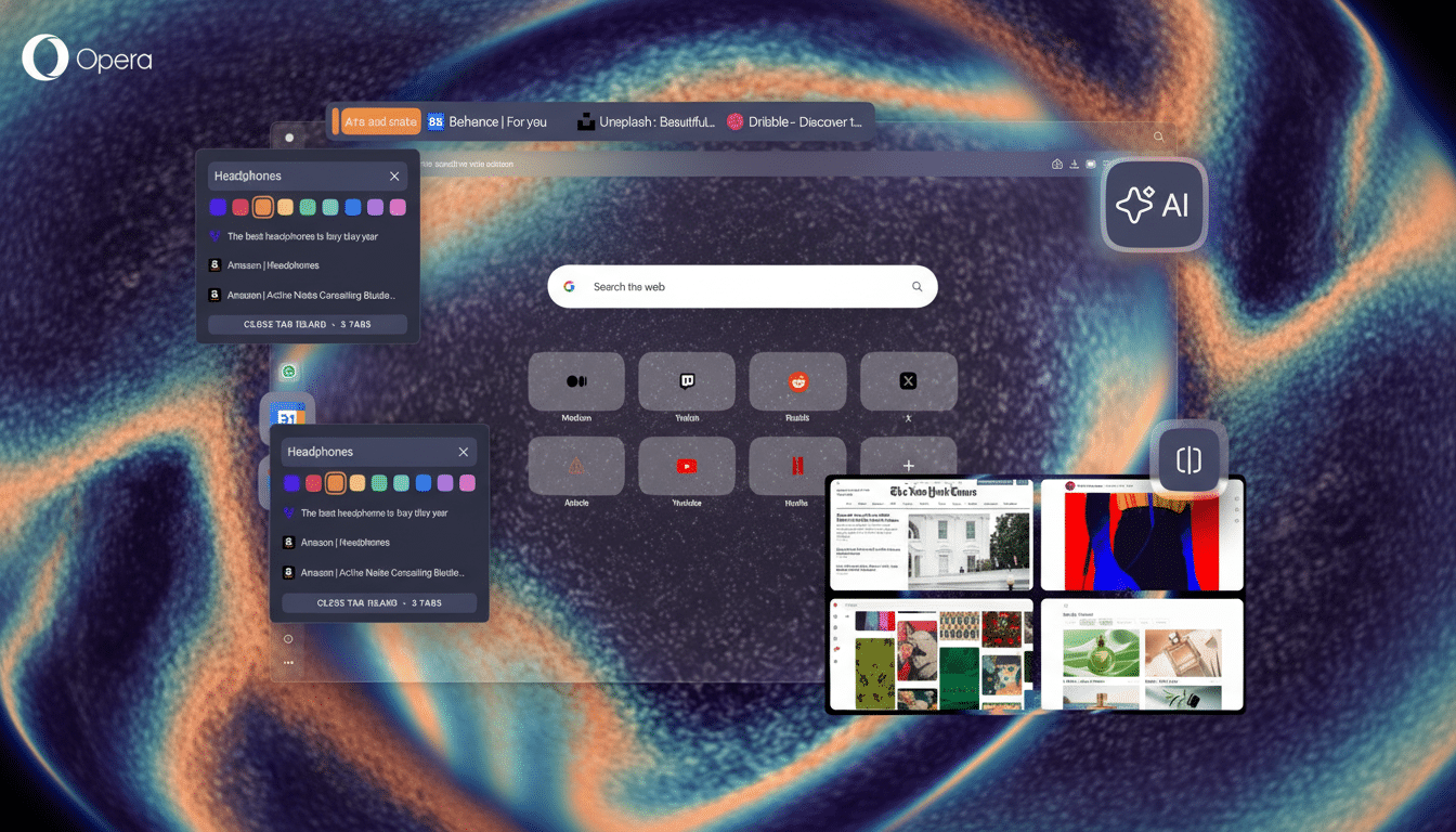 A screenshot of the Opera browser interface with multiple tabs open, including search results for headphones and various popular websites, set against a vibrant, abstract background.