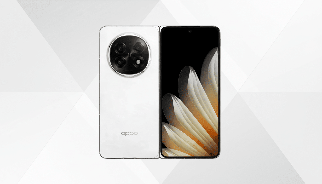 A white Oppo smartphone, folded open, is centered on a professional flat design background with soft gray and white geometric patterns. The phones back panel, featuring a large circular camera module, is on the left, and its screen, displaying a floral design, is on the right.