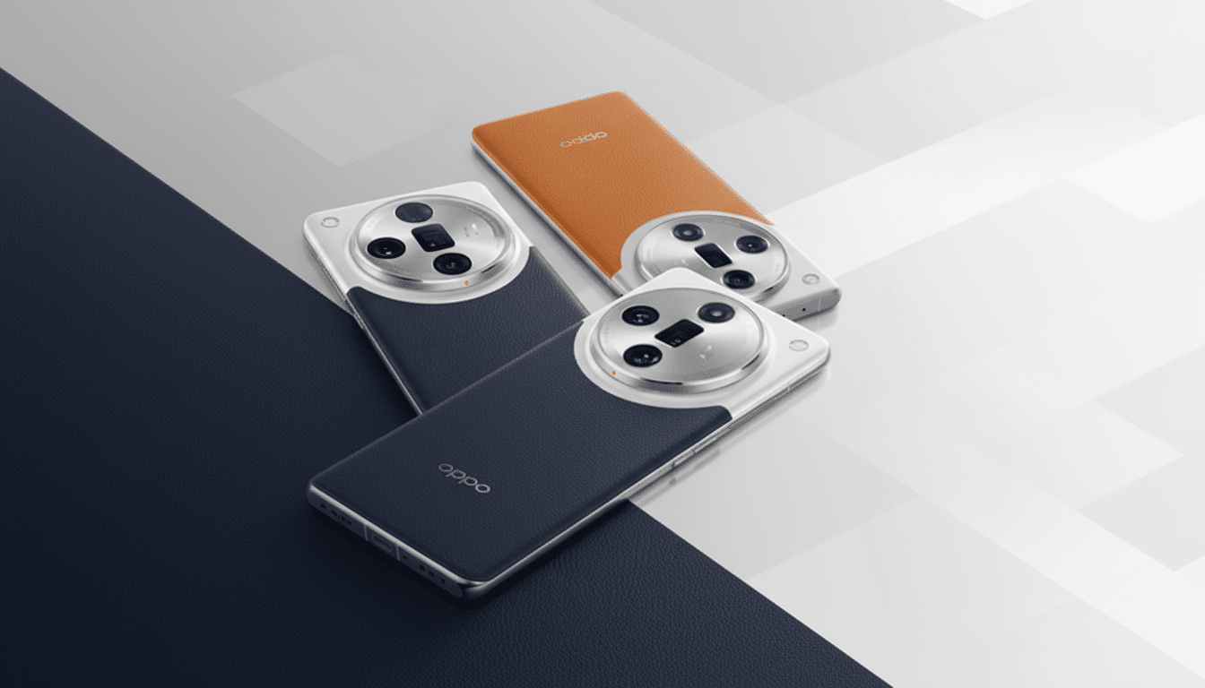 Two OPPO smartphones, one in dark blue and one in orange, are displayed on a professional background with soft geometric patterns.