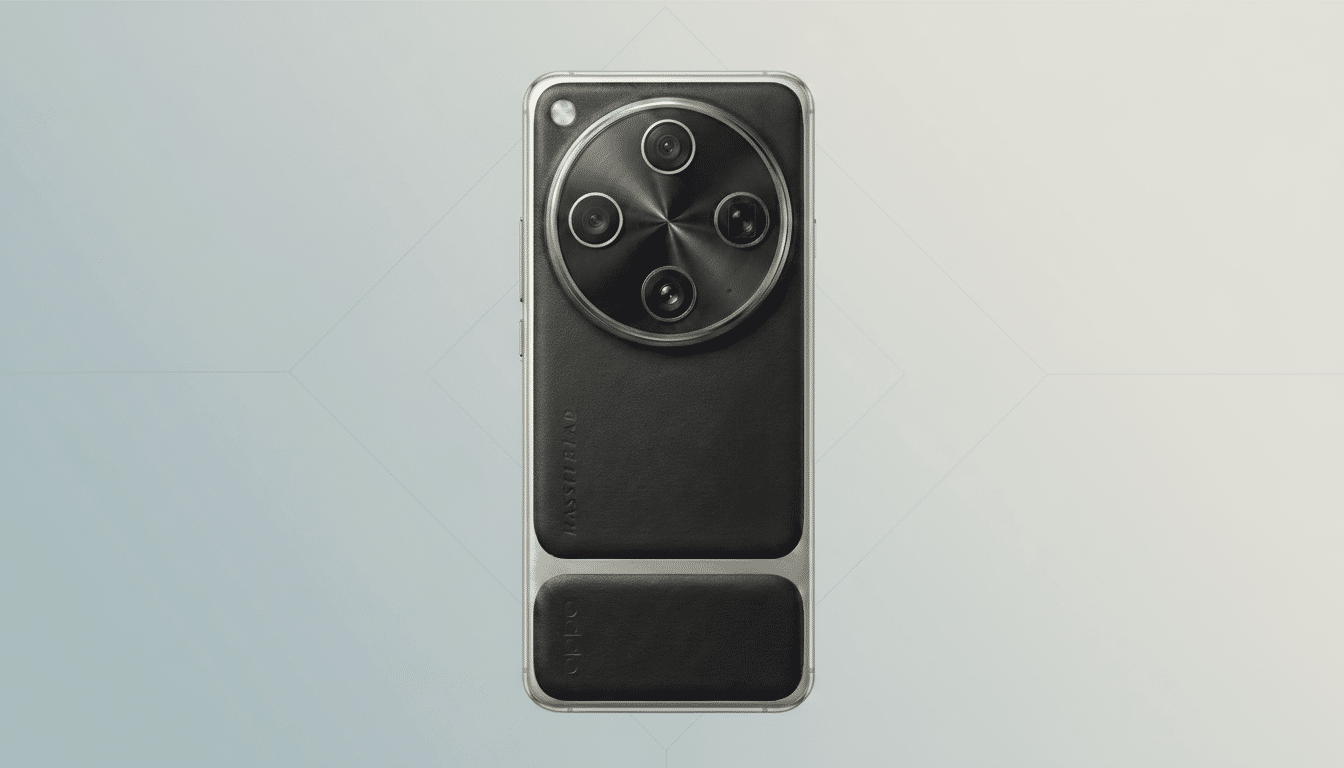 A smartphone with a large circular camera module featuring four lenses, a black leather-like back, and a silver frame, presented on a professional flat design background with soft patterns and gradients.