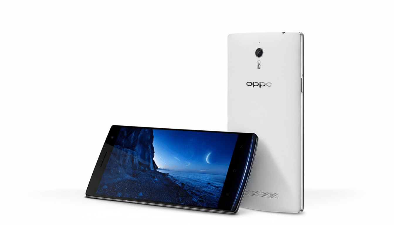 A white OPPO smartphone standing upright with its back facing forward, next to another black OPPO smartphone lying on its side, displaying a night sky and ocean scene on its screen.