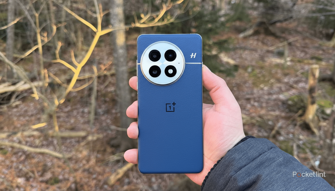 A hand holding a blue OnePlus smartphone with a large circular camera module featuring four lenses, set against a blurred outdoor background of trees and branches.