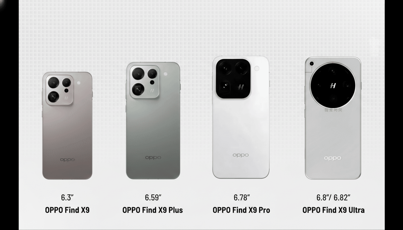 Four OPPO Find X series smartphones, including the X9, X9 Plus, X9 Pro, and X9 Ultra, are displayed side-by-side, showcasing their designs and varying sizes.