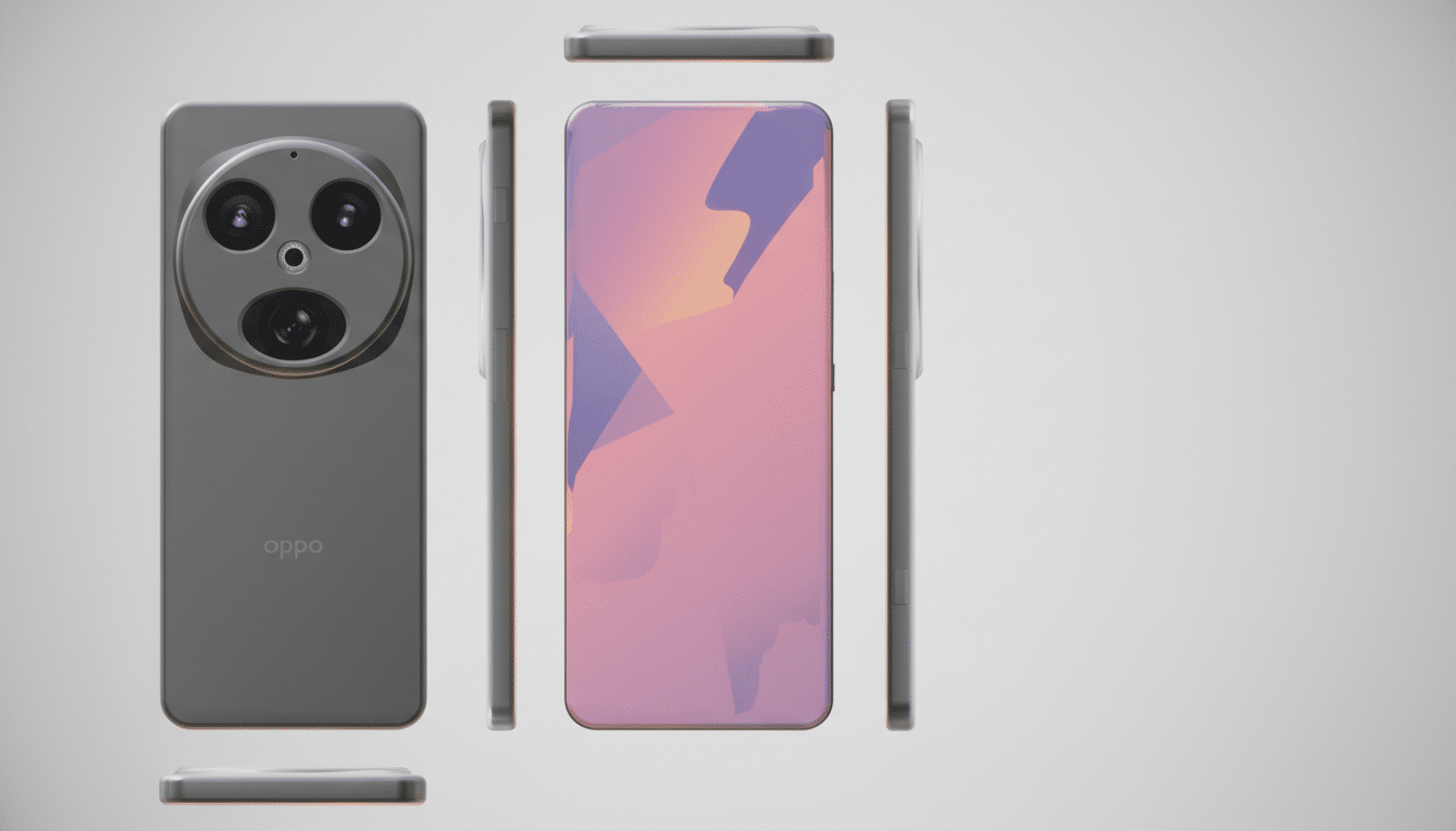 A professional flat design image of an OPPO smartphone from multiple angles, including the front, back, and sides, presented on a soft gray gradient background.