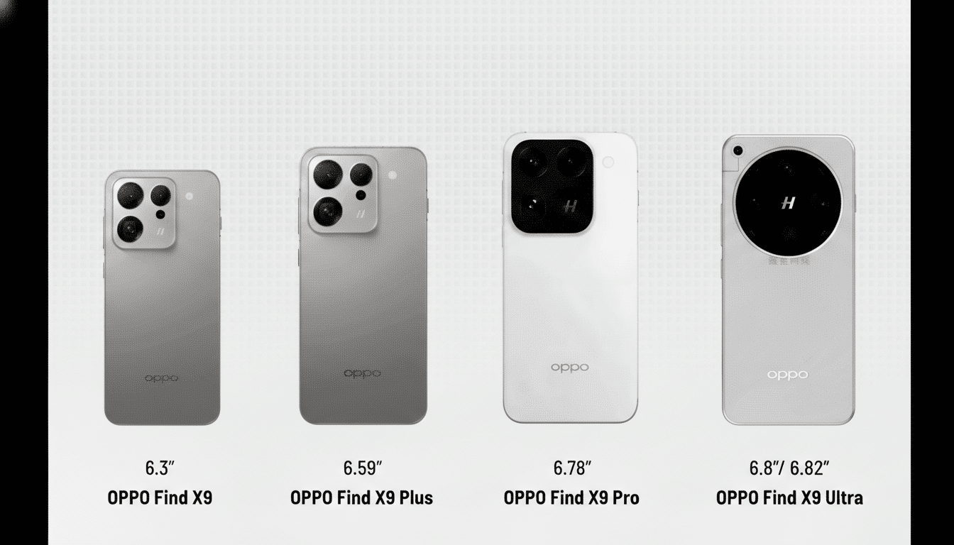 Four OPPO Find X9 series smartphones, including the X9, X9 Plus, X9 Pro, and X9 Ultra, displayed in a 16:9 aspect ratio.