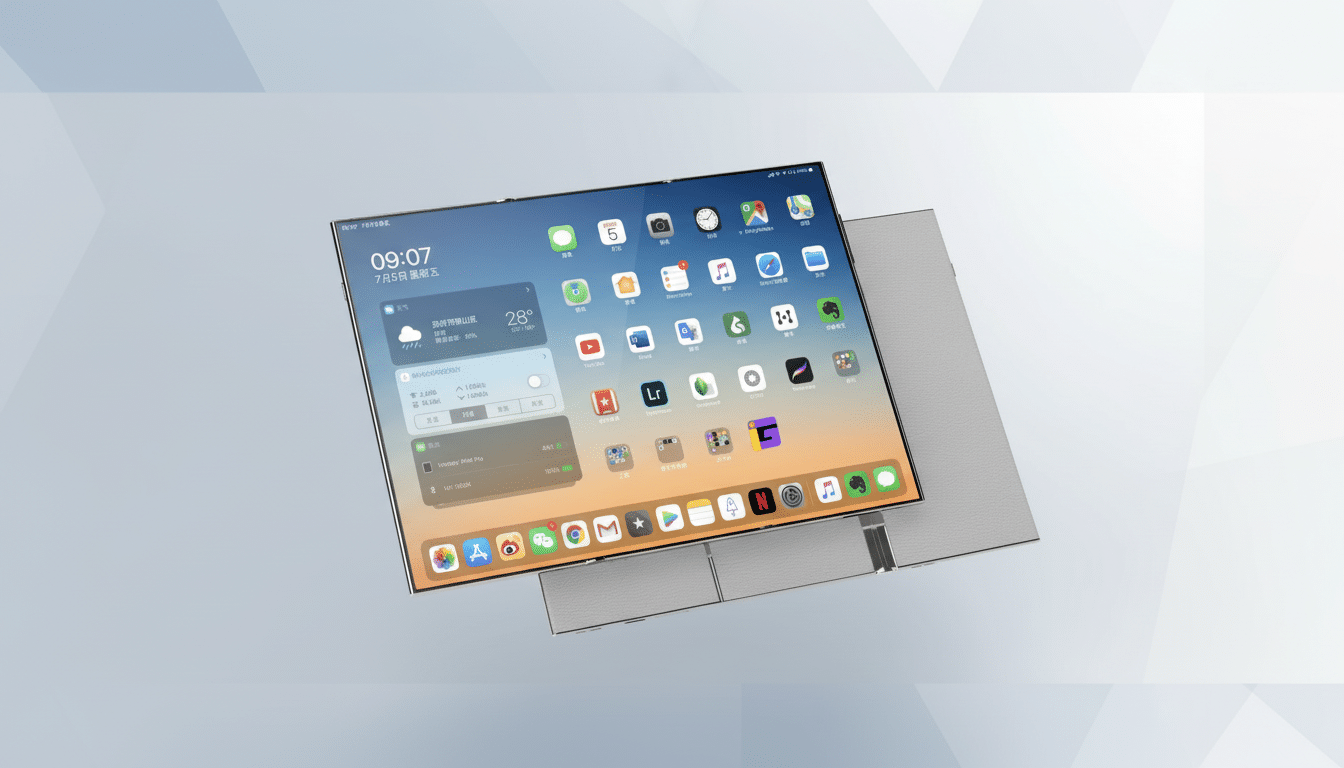 A tablet device with a large screen displaying various app icons and widgets, set against a professional flat design background with soft patterns.