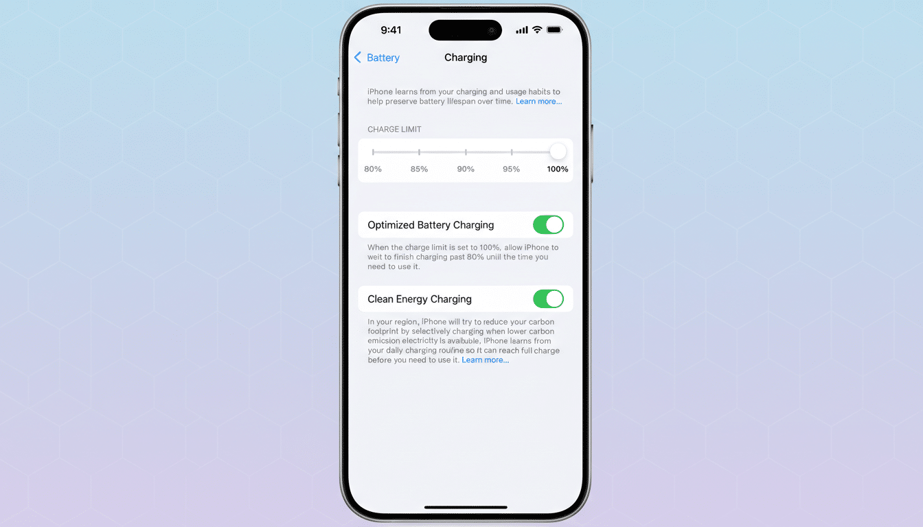 A screenshot of an iPhones Charging settings, displaying options for Charge Limit, Optimized Battery Charging, and Clean Energy Charging, set against a professional flat design background with soft patterns and gradients.