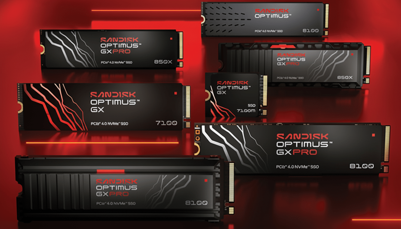 A collection of various black Sandisk Optimus GX and GXPRO SSDs with red and white accents, arranged on a red background.