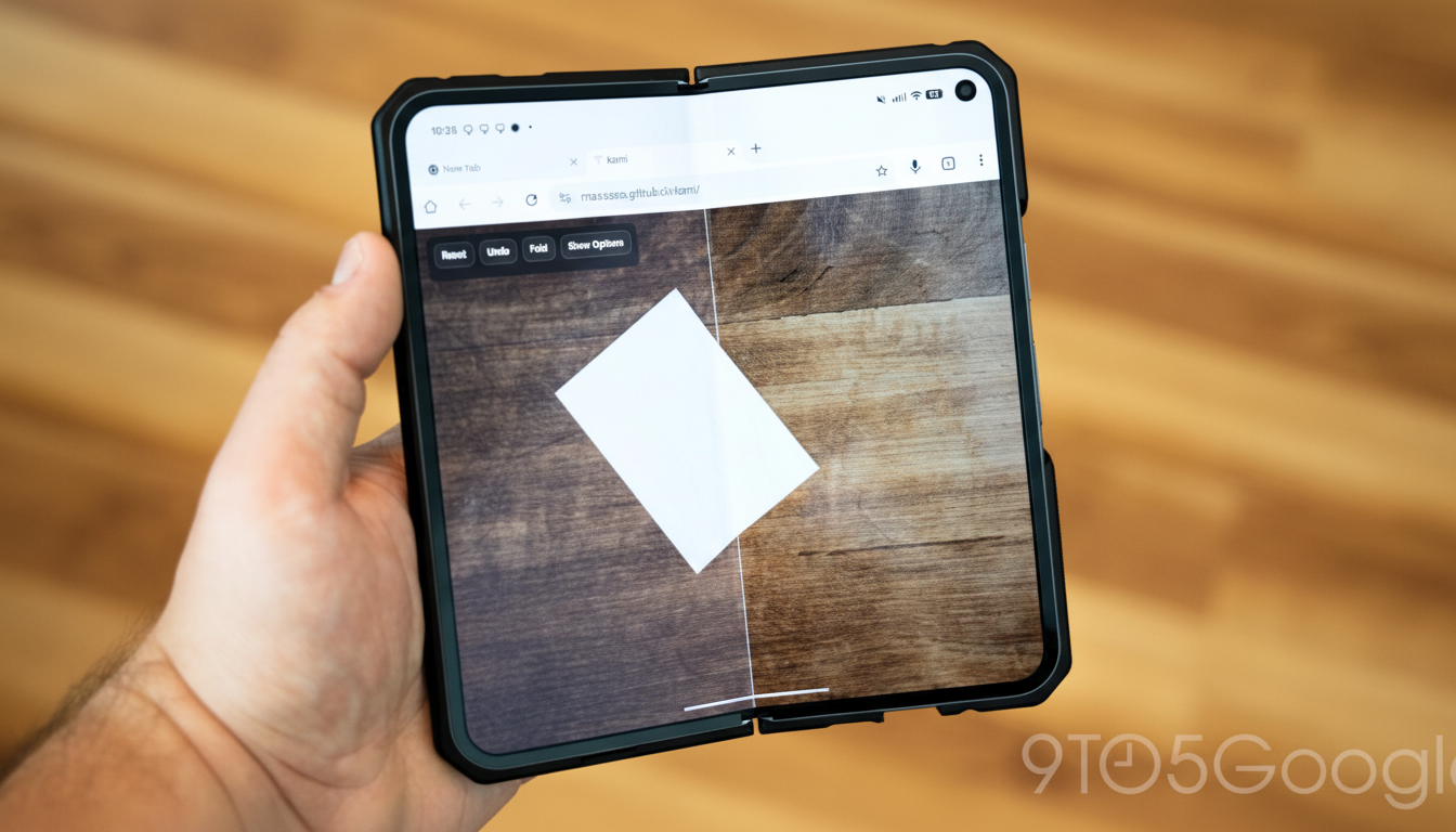 A hand holding a foldable smartphone displaying a web page with a white rectangle on a wooden background.