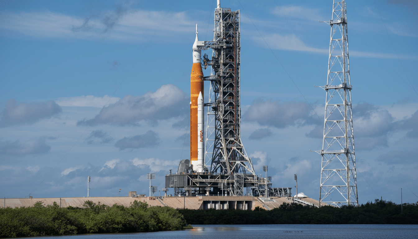 A large orange and white rocket stands on a launchpad next to a tall service structure, with a body of water and green foliage in the foreground under a partly cloudy blue sky.
