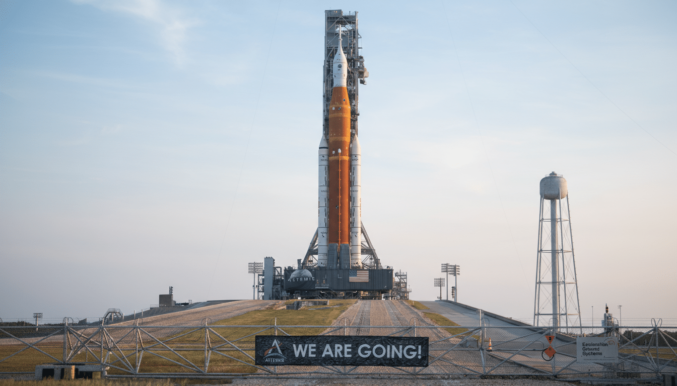 NASA Artemis 2 SLS on launch pad after rollout, prepping for wet dress rehearsal