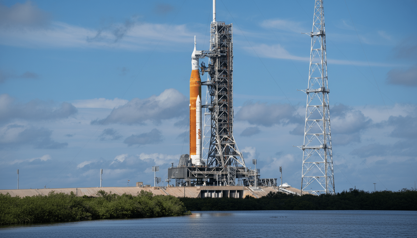 A large orange and white rocket stands on a launchpad next to a tall gantry structure, with a body of water and green foliage in the foreground under a partly cloudy blue sky.