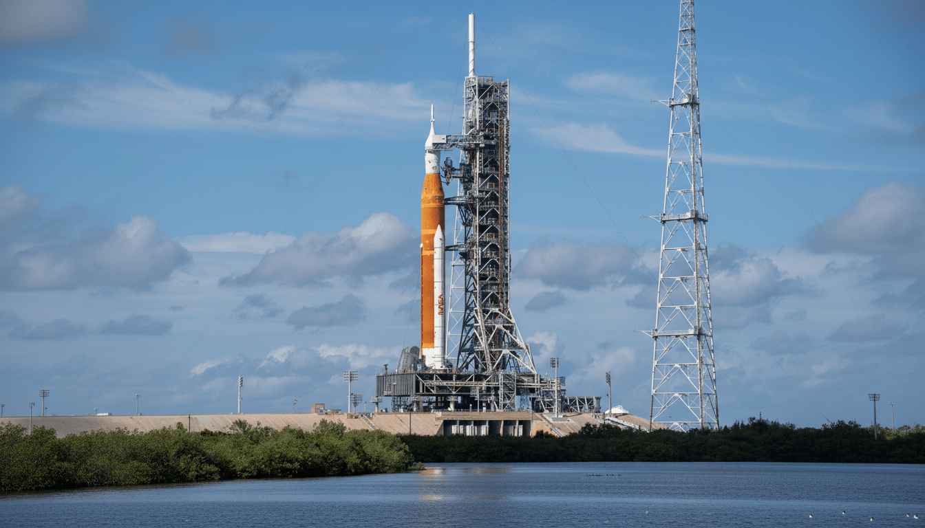A large orange and white rocket stands on a launchpad next to a tall service structure, with a body of water and green foliage in the foreground under a partly cloudy blue sky.