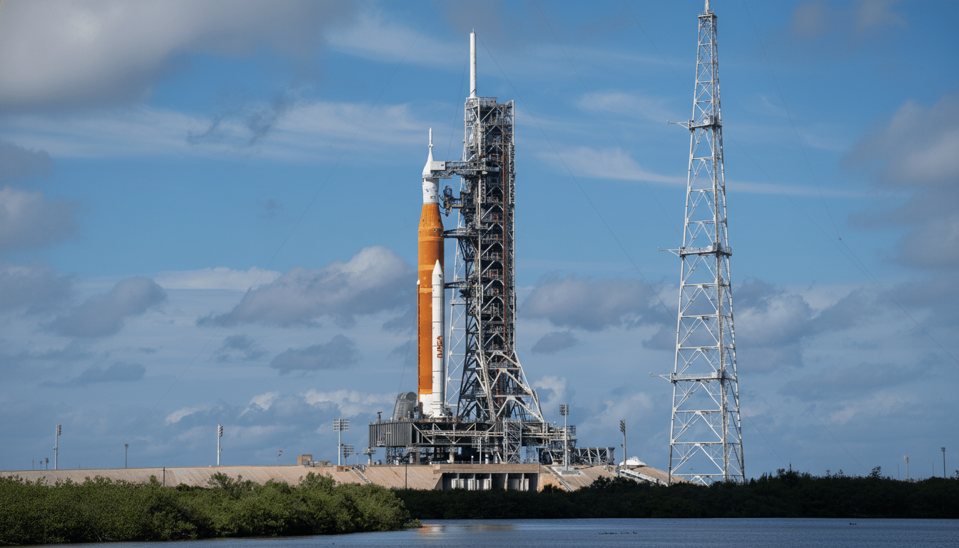 A large orange and white rocket stands on a launchpad next to a tall service structure, with a body of water and green foliage in the foreground under a partly cloudy blue sky.