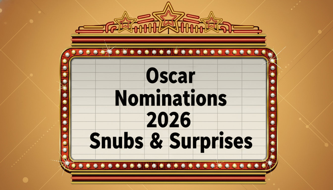 A marquee sign with the text Oscar Nominations 2026 Snubs & Surprises on a golden background with subtle patterns.