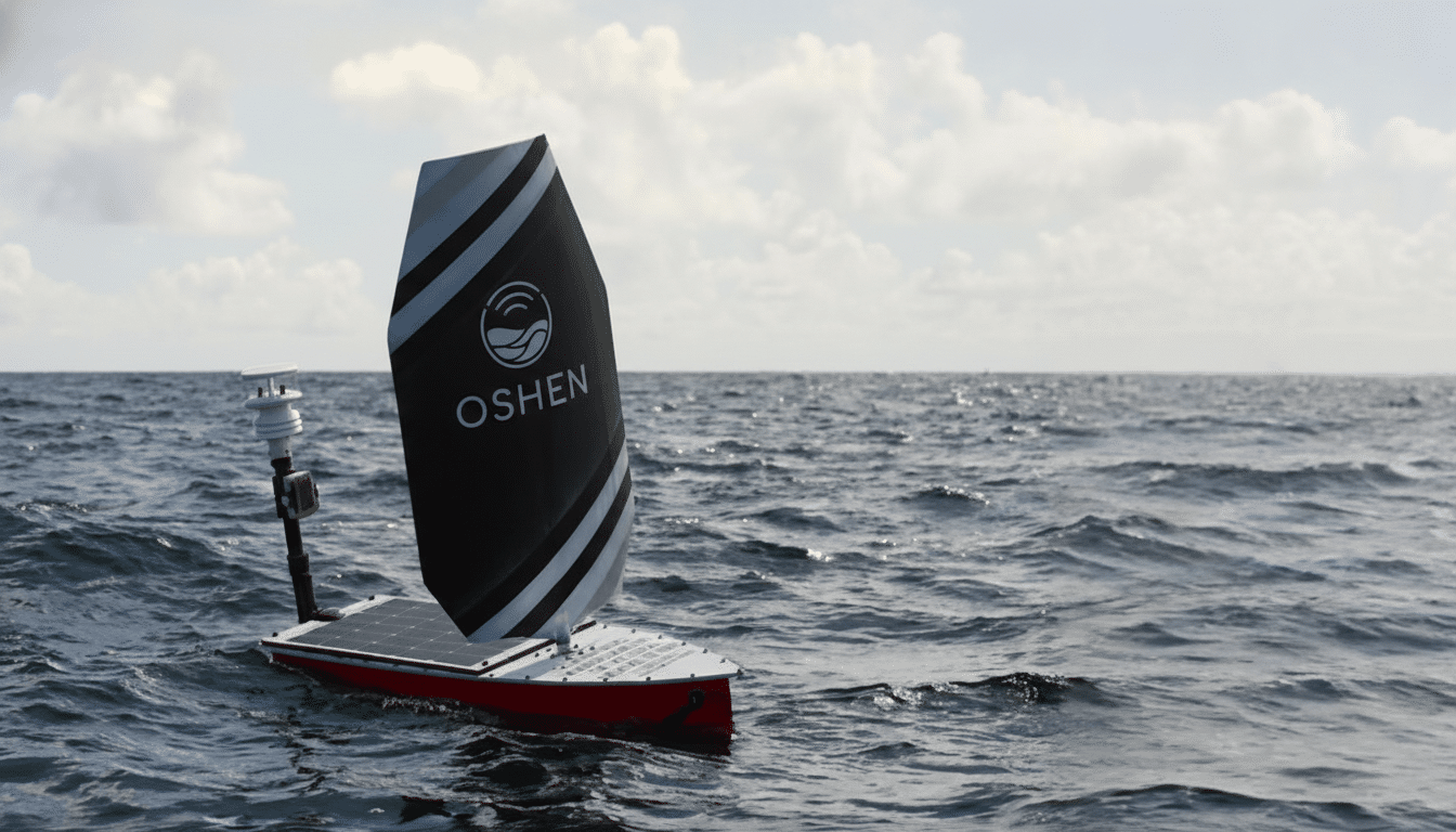 A small, red and white autonomous sailboat with a black sail featuring the OSHEN logo, floating on choppy ocean water under a partly cloudy sky.