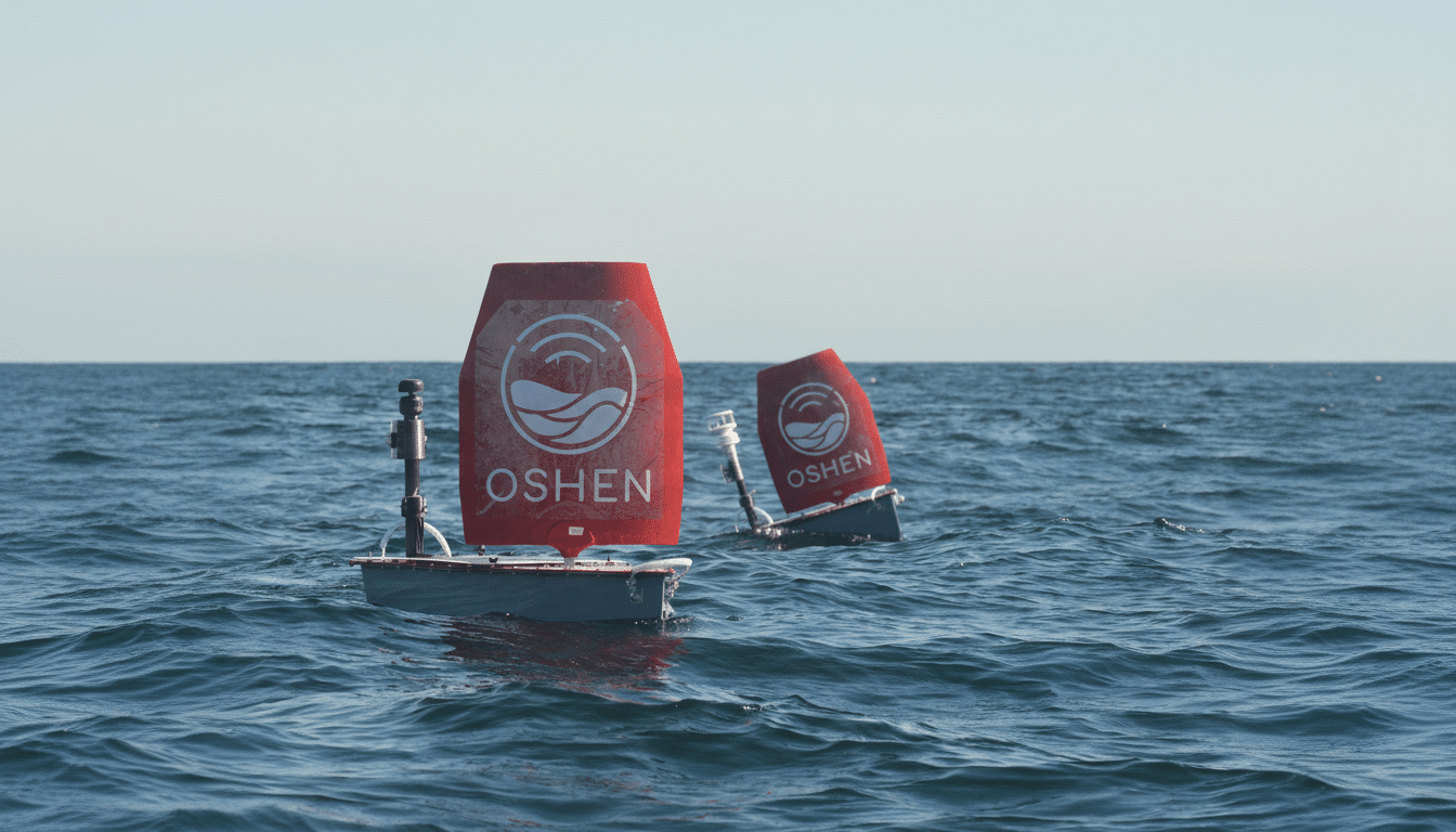 Two red OSHEAN buoys floating in the ocean under a clear sky.