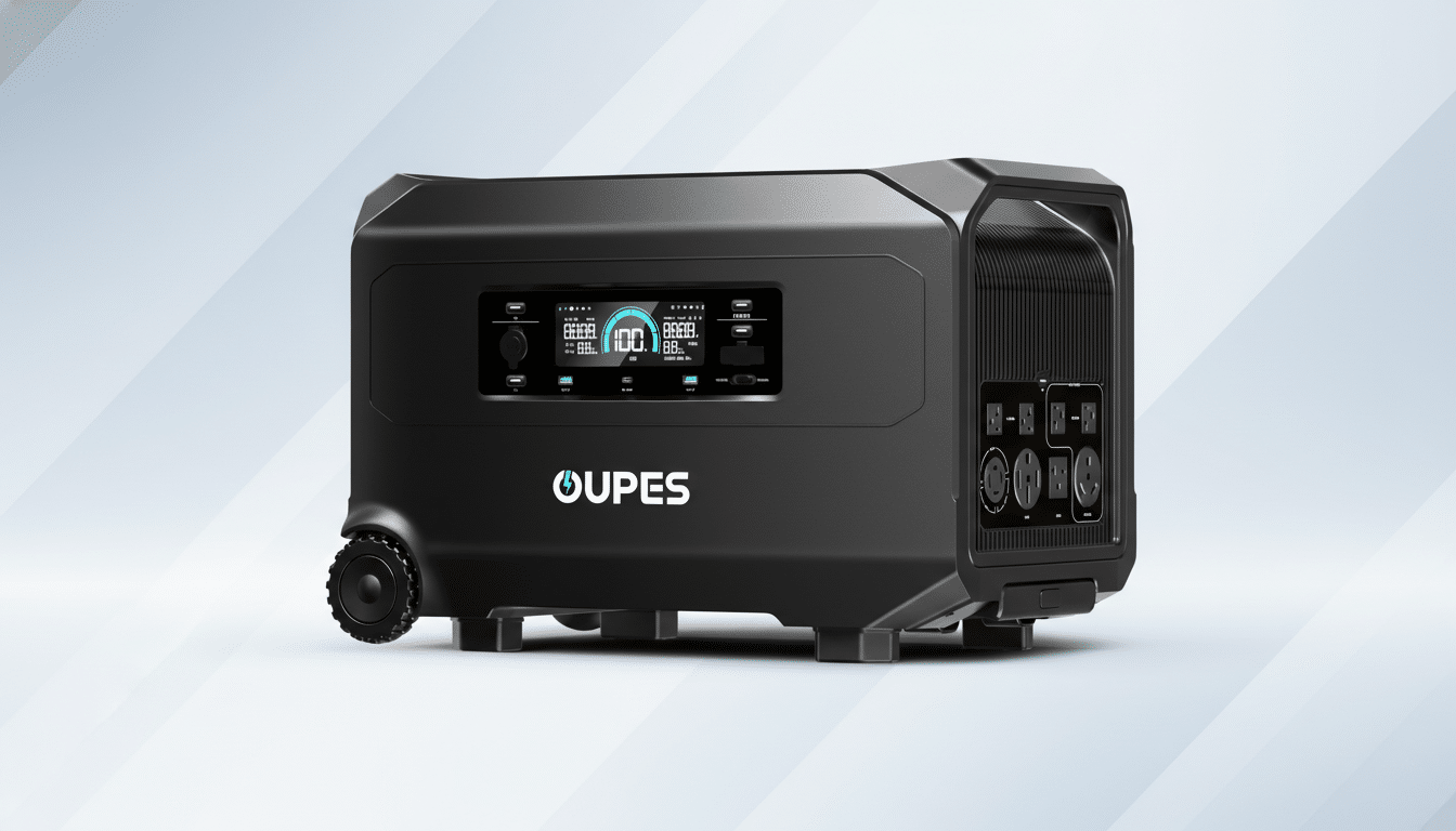 A black OUPES portable power station with a digital display and multiple outlets, set against a professional light gray gradient background.