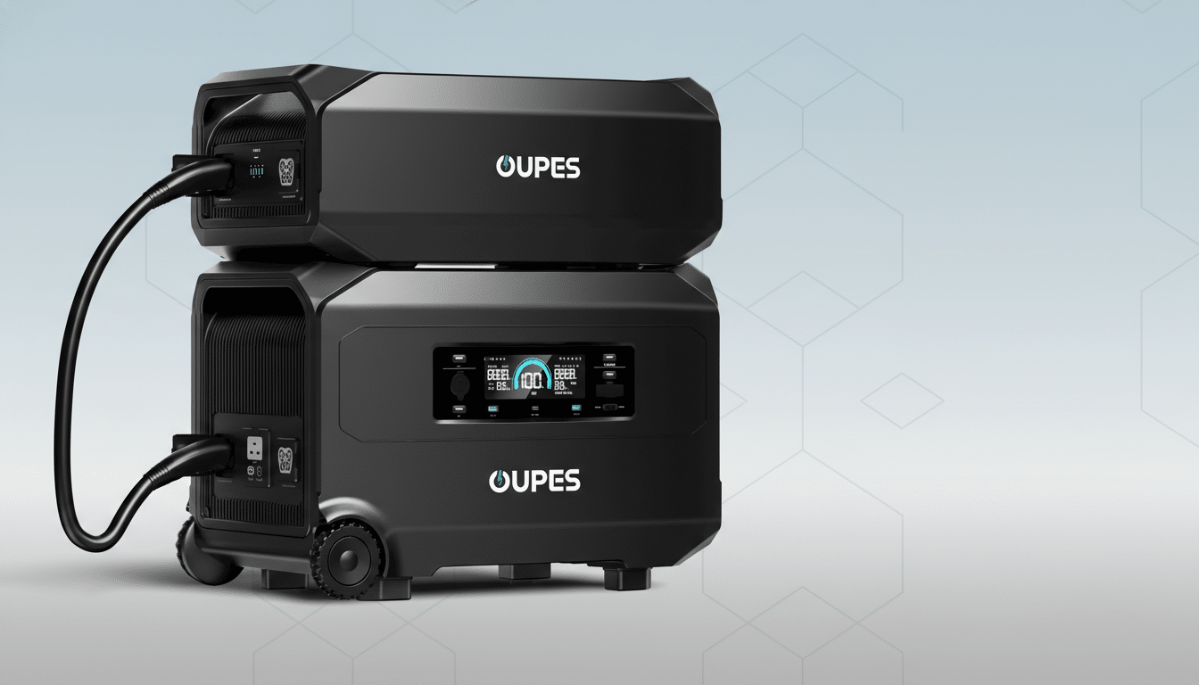 A black OUPEs portable power station with a modular design, featuring two stacked units connected by a cable, presented on a professional flat design background with soft geometric patterns.