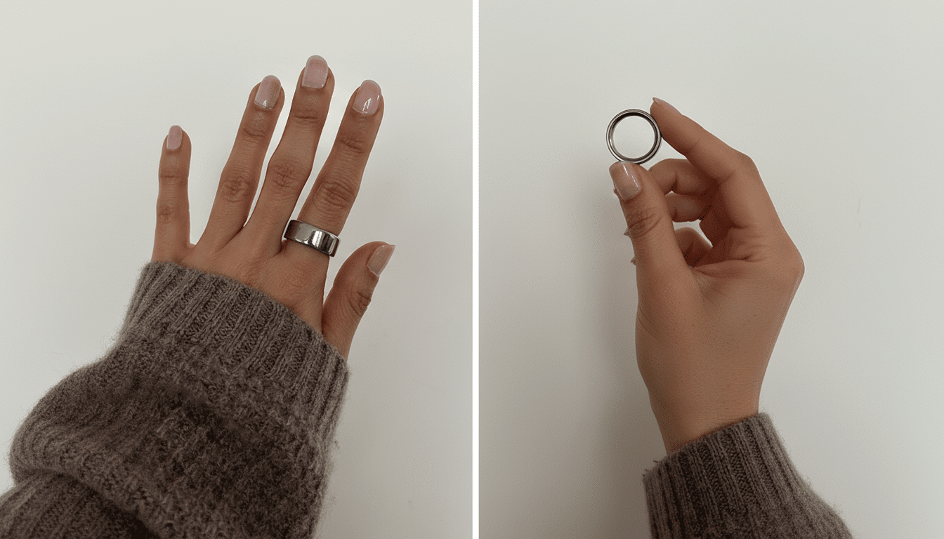 A 16:9 aspect ratio image showing a persons hand wearing a silver ring on the left, and another hand holding a similar silver ring on the right, both against a white background.