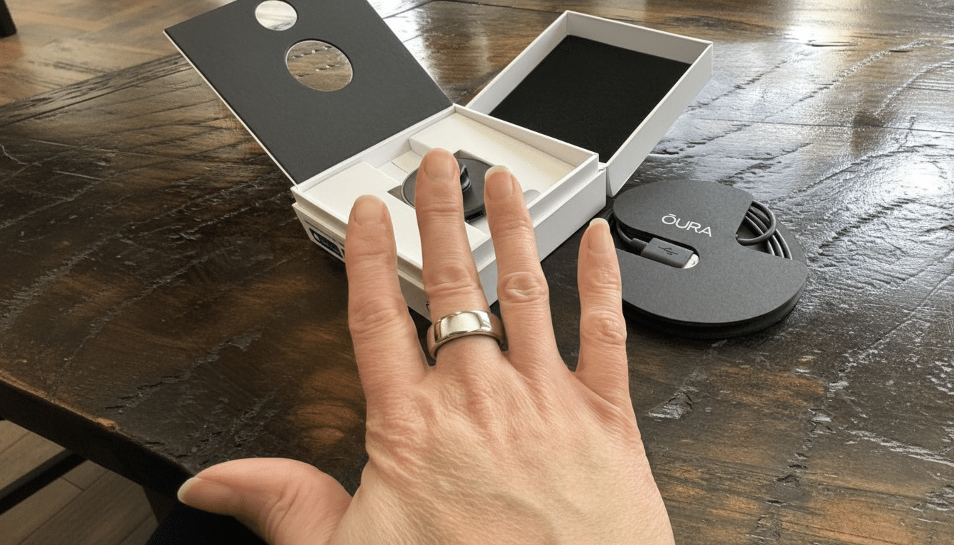 A hand wearing a silver Oura Ring, with the Oura Ring box and charging cable visible on a wooden table in the background.