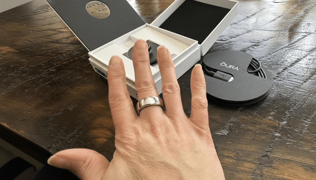 A hand wearing a silver Oura Ring, with the Oura Ring packaging and charging cable visible in the background.