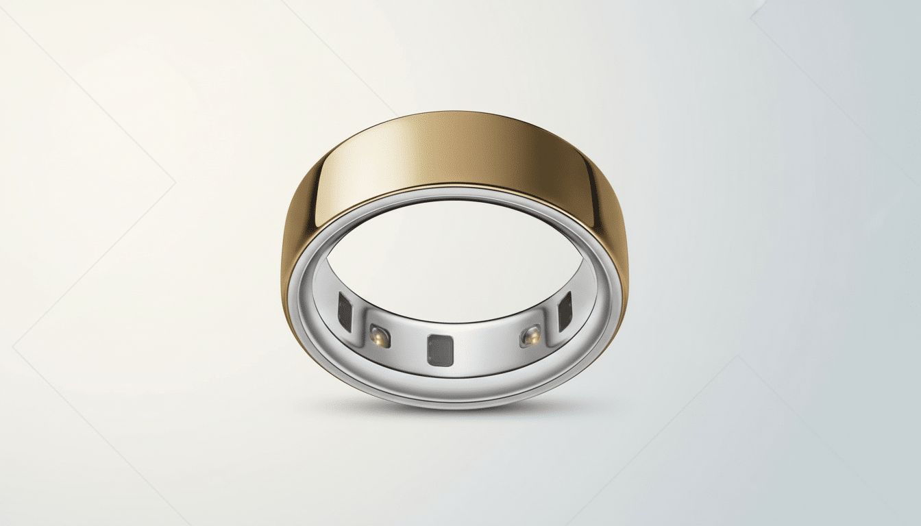 A gold and silver smart ring with internal sensors, presented on a professional flat design background with soft patterns.