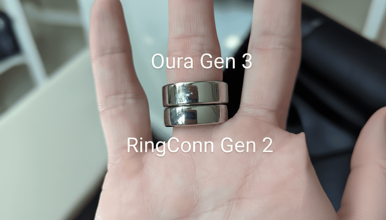 A hand wearing two smart rings, an Oura Gen 3 and a RingConn Gen 2, with text labels for each.