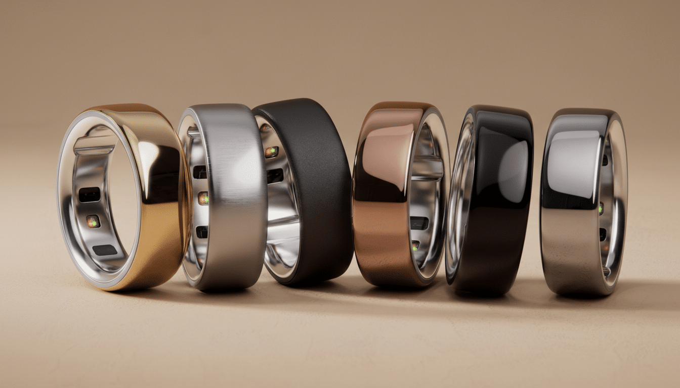 A row of six smart rings in various metallic finishes, including gold, silver, black, and rose gold, resting on a light brown surface.