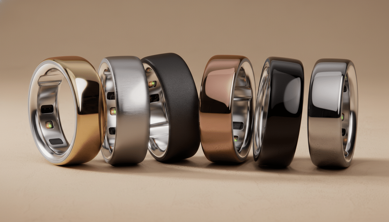 Six smart rings in various metallic finishes (gold, silver, black, rose gold, glossy black, and polished silver) are lined up on a light brown surface.
