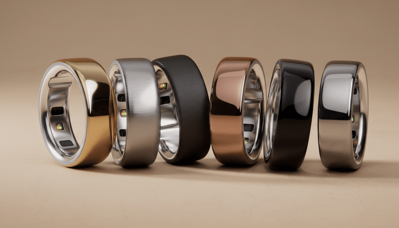Six smart rings in various metallic finishes (gold, silver, black, rose gold, glossy black, and polished silver) are lined up on a light brown surface.