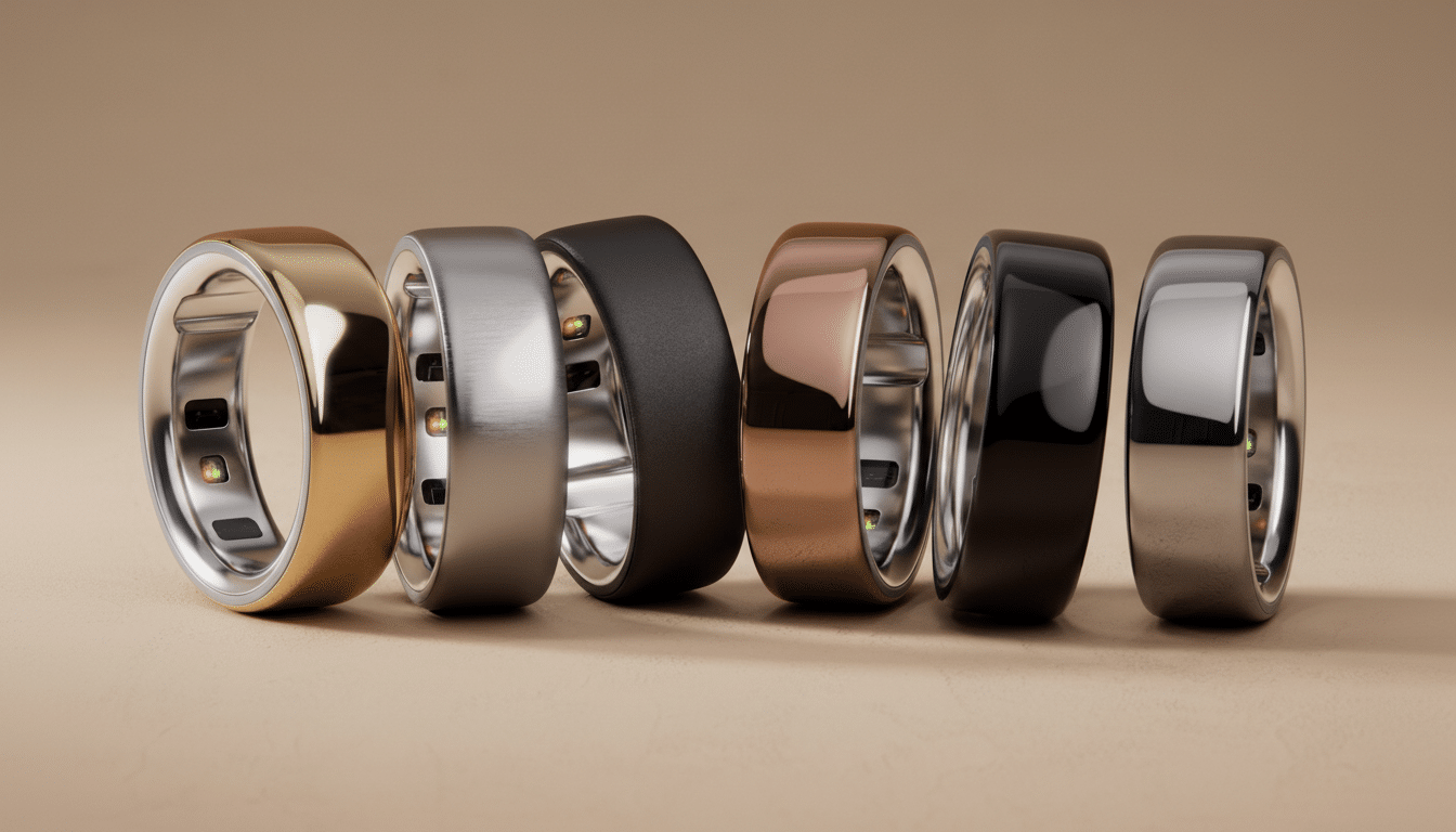 Six smart rings in various metallic finishes (gold, silver, black, rose gold, glossy black, and polished silver) are lined up on a light brown surface.