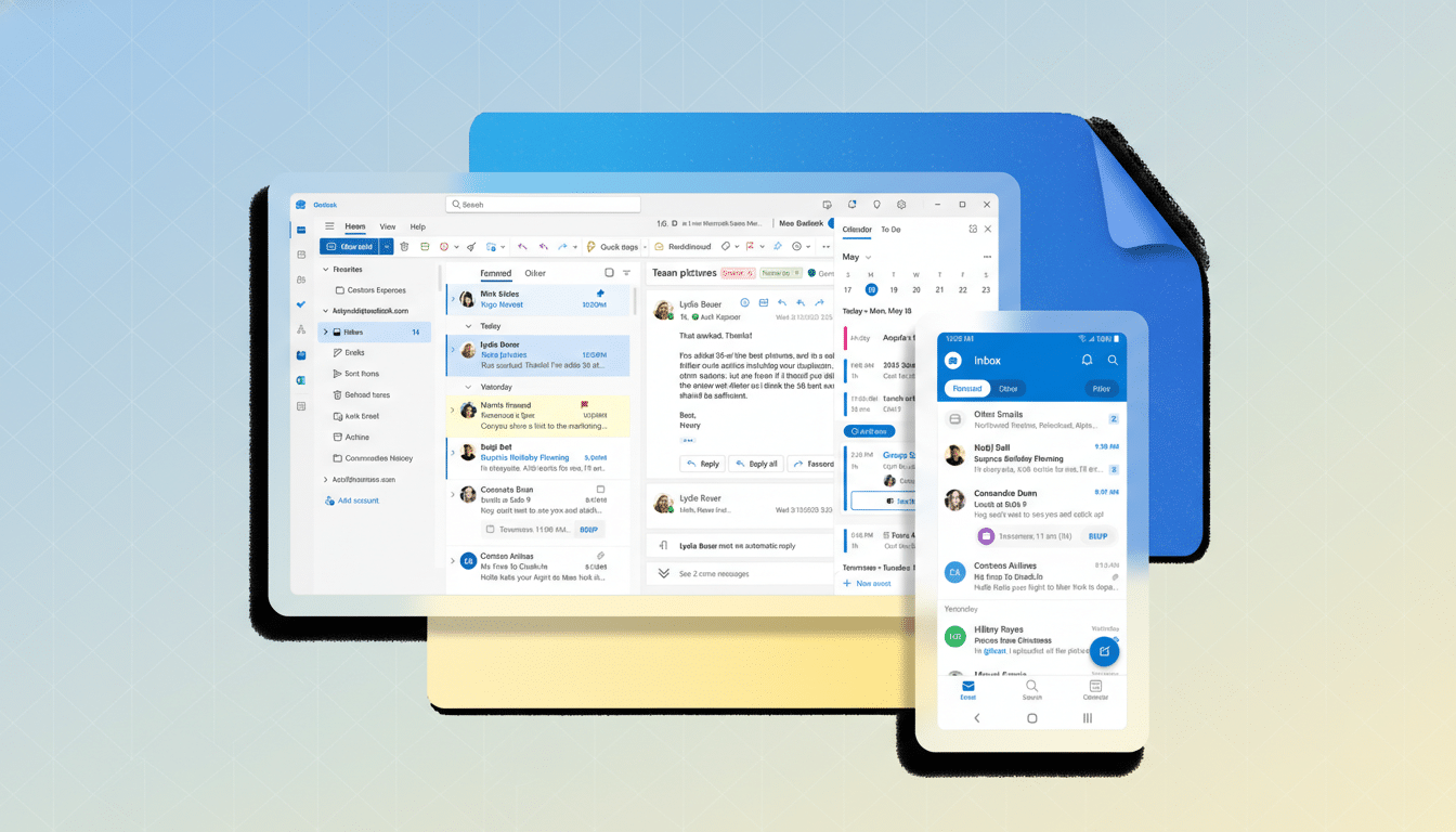 A professional, enhanced image of the Microsoft Outlook desktop and mobile applications, presented at a 16:9 aspect ratio. The desktop app shows an inbox with various emails and a calendar, while the mobile app displays a similar inbox view. The background is a clean, professional flat design with soft blue and yellow gradients, ensuring the applications remain the central focus without any reflective effects or dramatic changes.