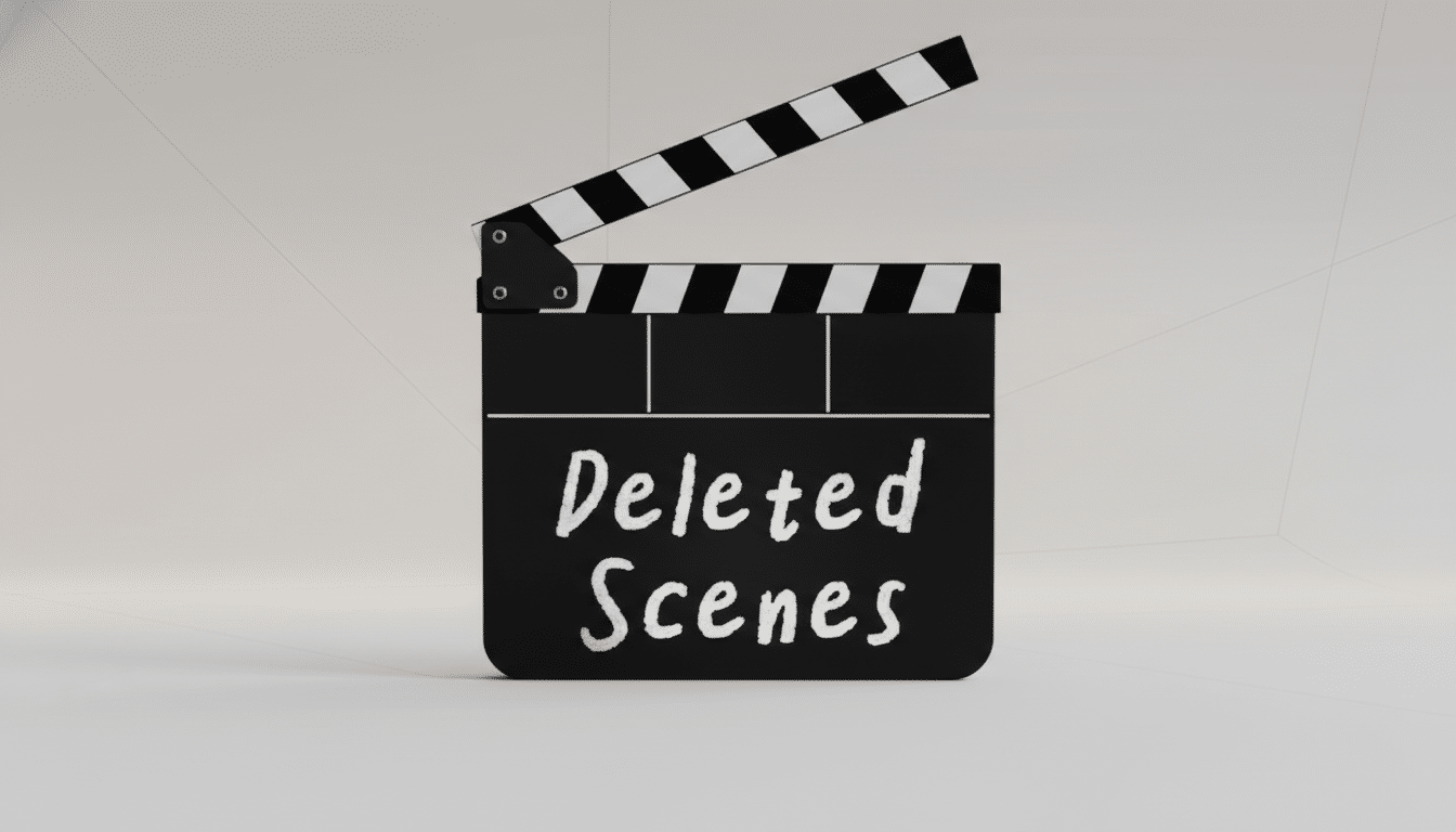 A black clapperboard with Deleted Scenes written on it in white chalk, set against a professional light gray background with subtle geometric patterns.