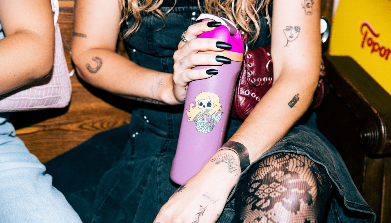 A person with tattoos on their arms holding a purple water bottle with a mermaid sticker, resized to a 16:9 aspect ratio.