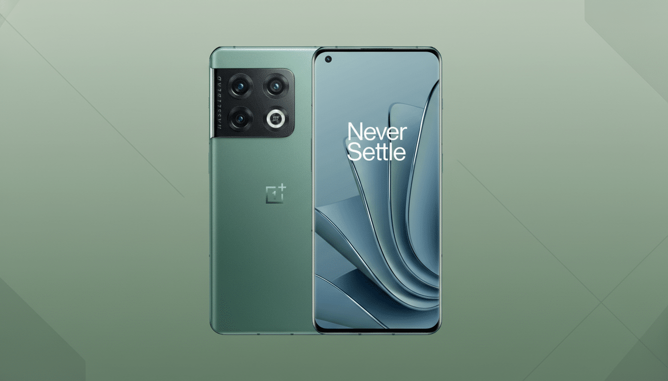 A green OnePlus 10 Pro smartphone is displayed at a 16:9 aspect ratio on a professional flat design background with soft patterns.