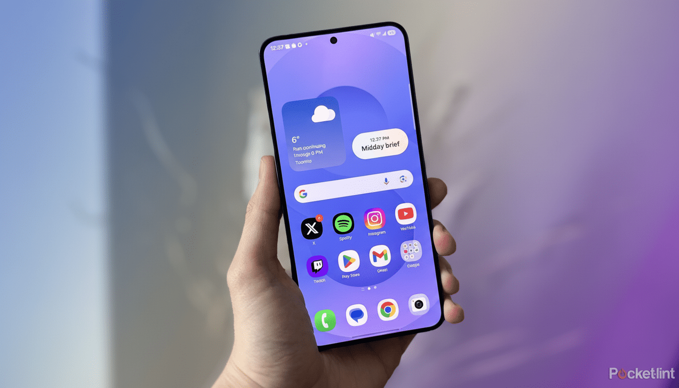 A hand holding a smartphone with a purple-themed home screen, displaying various app icons and widgets, against a blurred background.