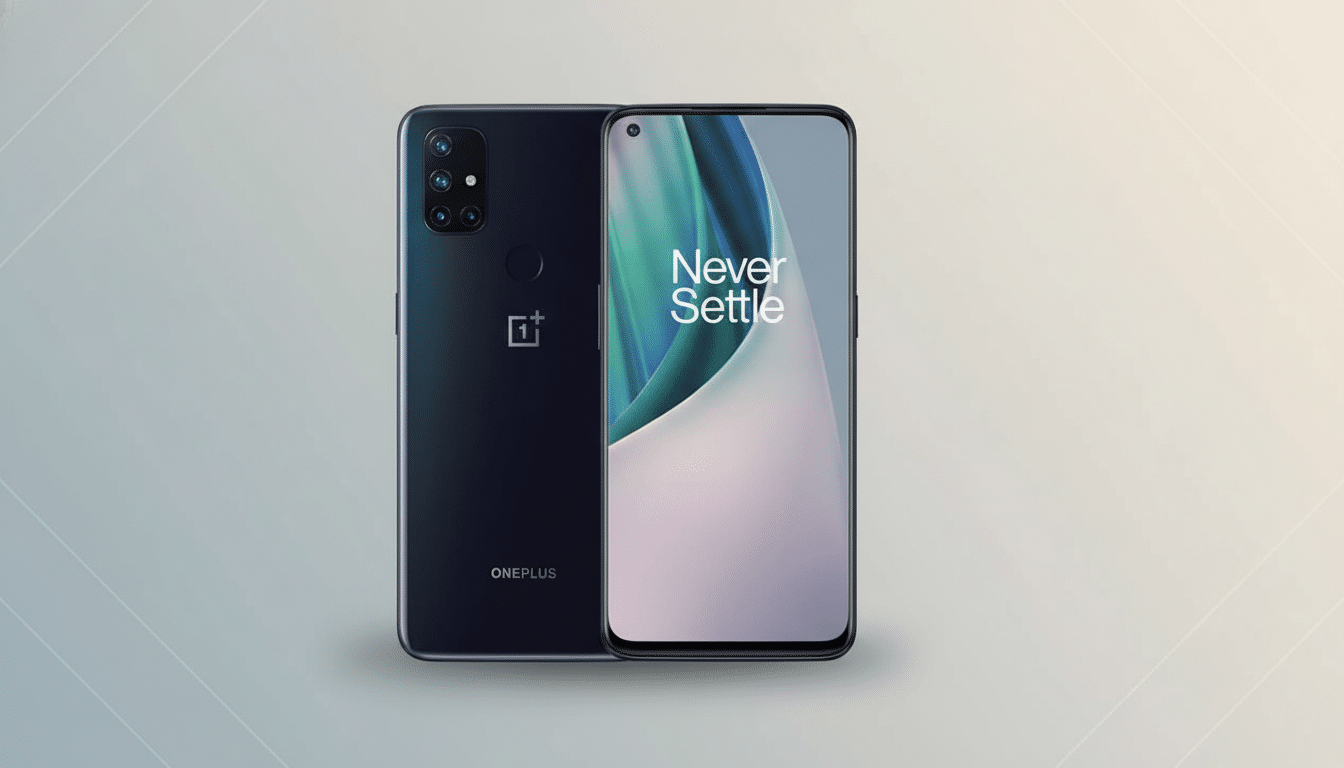 A black OnePlus smartphone, showing both the front and back, presented on a professional flat design background with soft gradients.