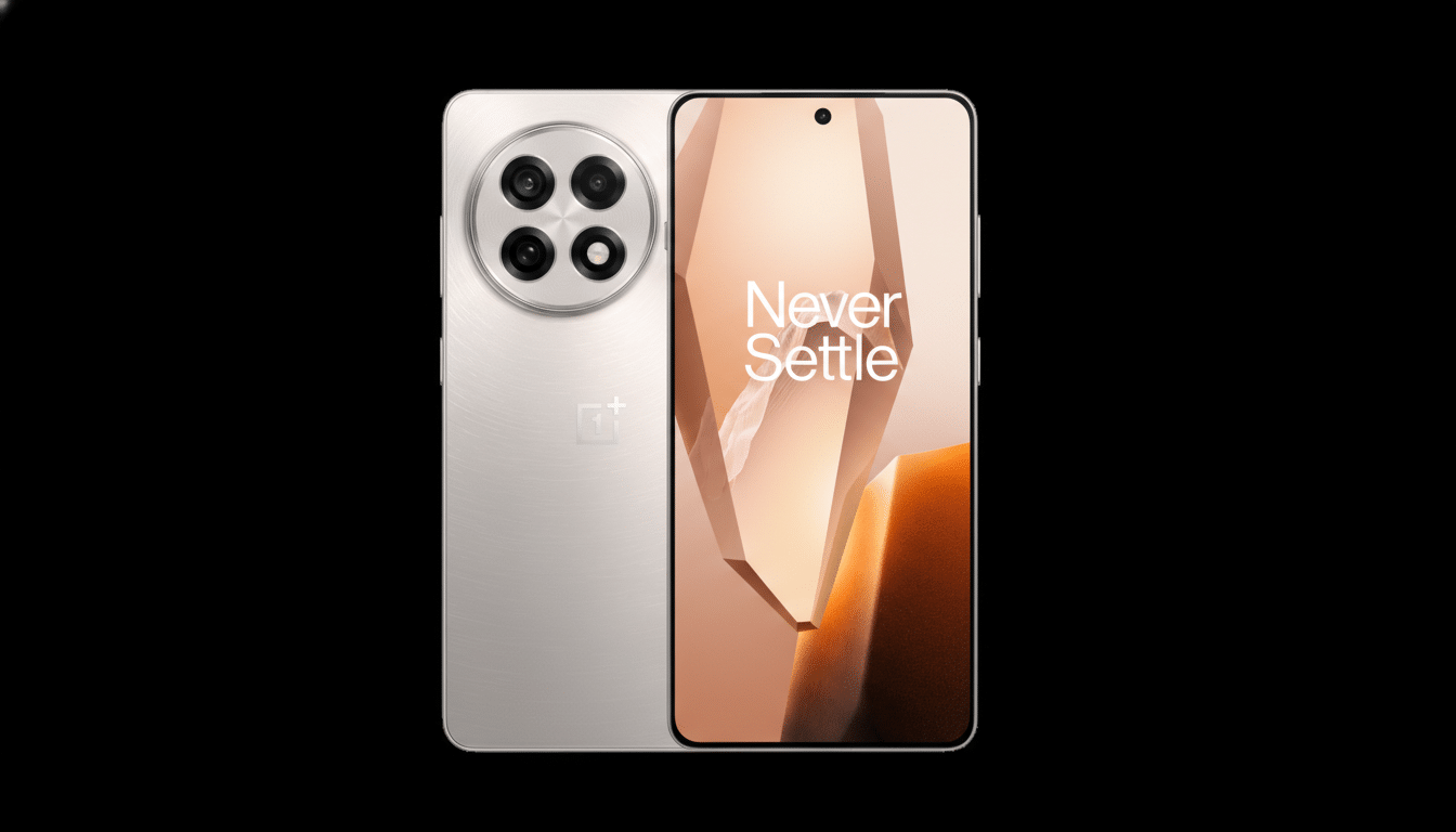 A silver OnePlus smartphone, showing both its front display with Never Settle wallpaper and its rear camera module, presented on a black background.