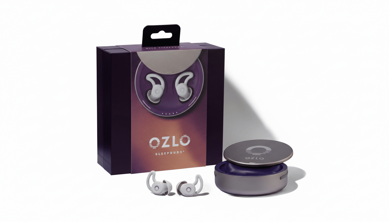 A professional studio shot of Ozlo Sleepbuds, featuring the product box, an open charging case, and the two sleepbuds themselves, all presented on a clean white background.