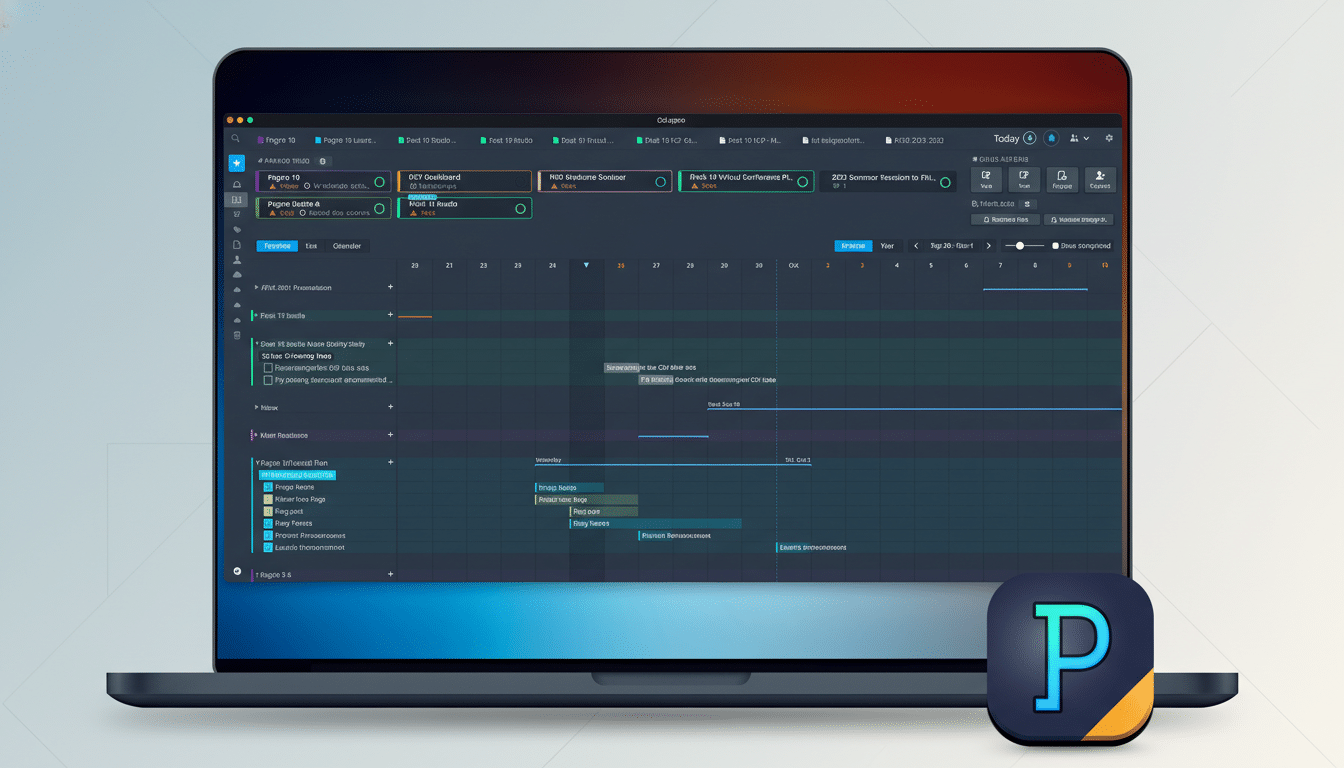 A laptop displaying a project management application with a calendar and task list, set against a clean, professional background.