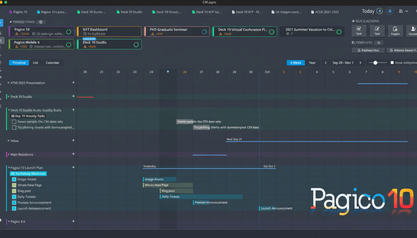 A professional, enhanced image of a project management software interface with a 16:9 aspect ratio. The interface displays various tasks, timelines, and project details, with the Pagico 10 logo prominently featured in the bottom right corner.