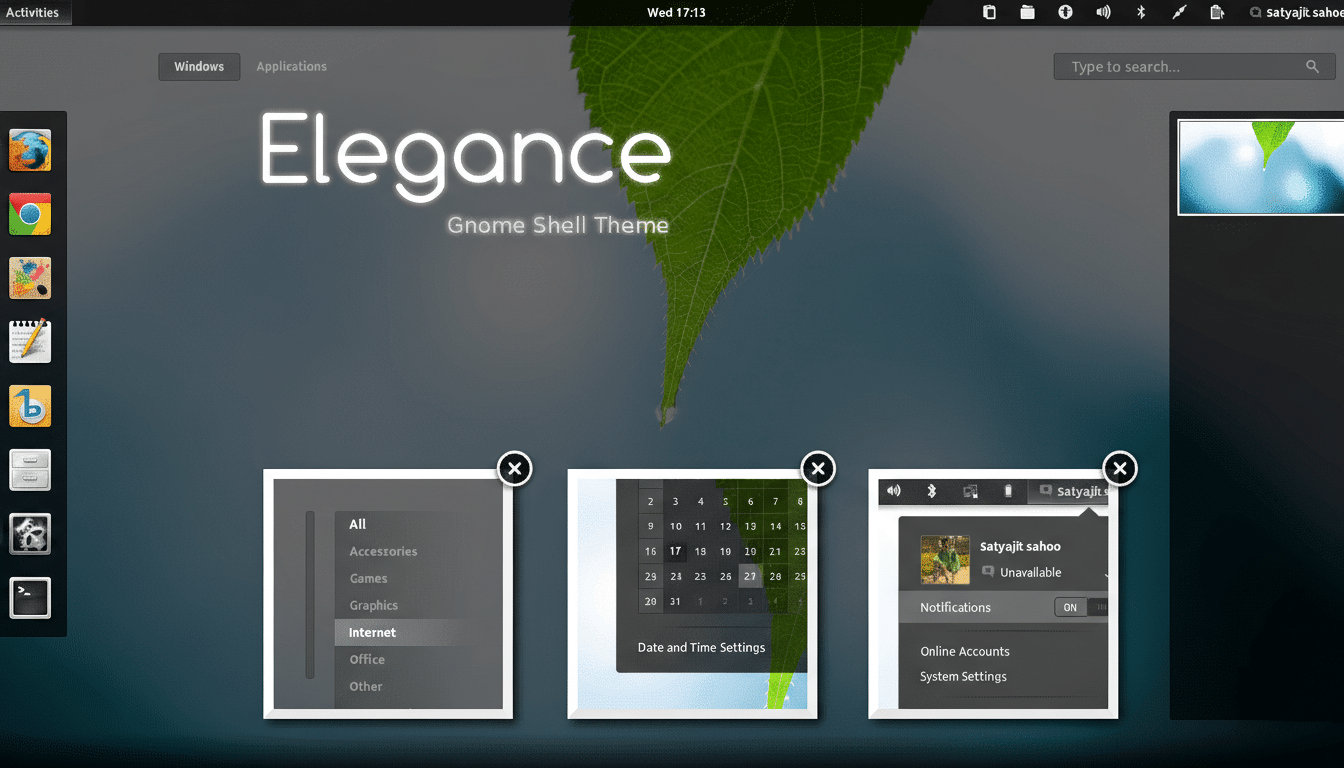 Elegance Linux desktop highlighting audio, video, and graphics tools