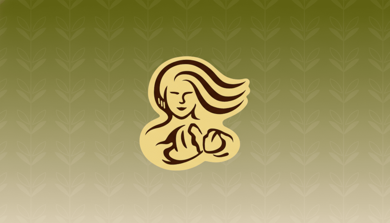 A 16:9 aspect ratio image featuring a stylized logo of a woman with flowing hair holding a small object, set against a professional flat design background with soft patterns and gradients.