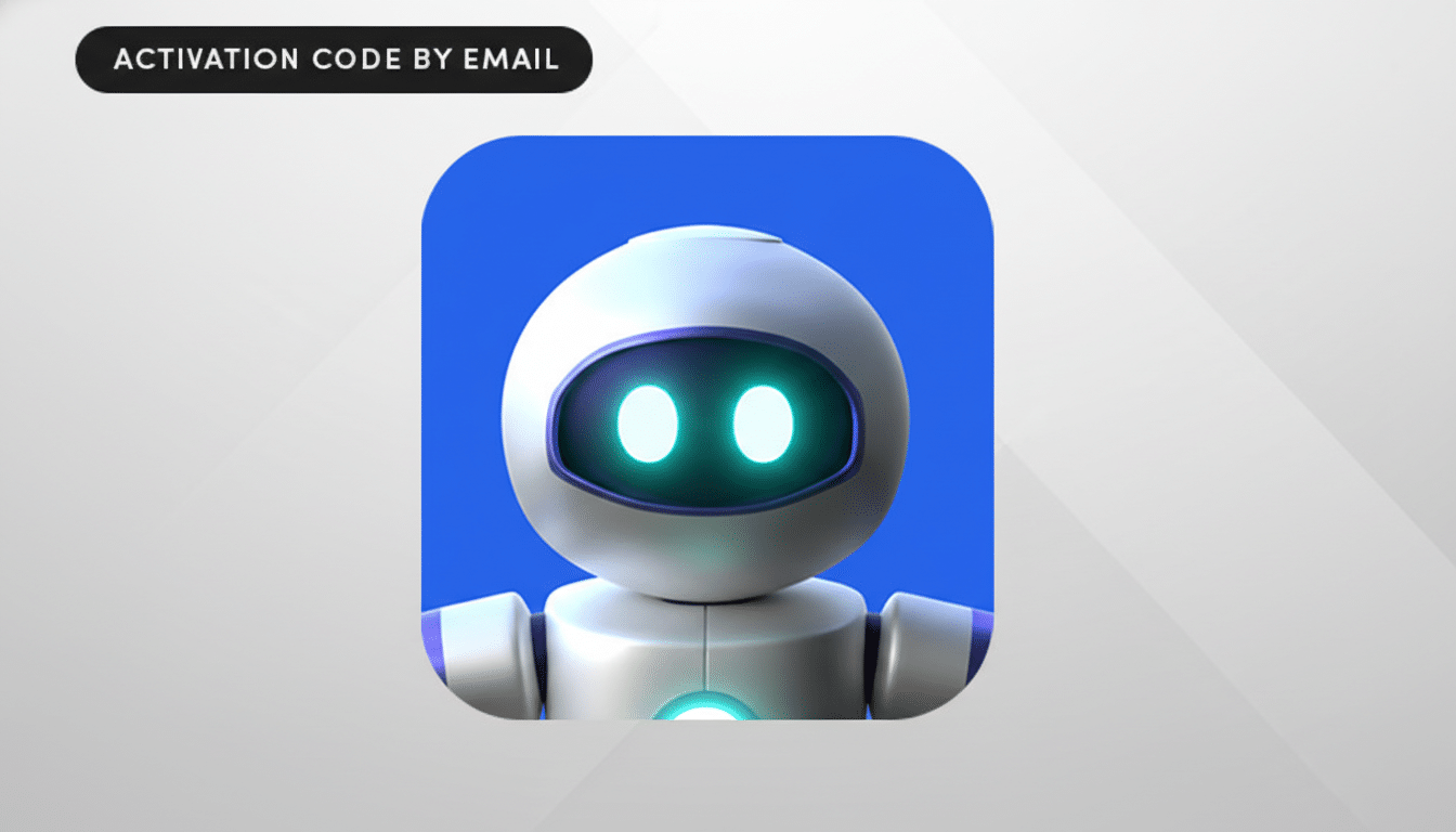A 16:9 aspect ratio image featuring a white robot icon with glowing blue eyes and chest light, set against a professional flat gray background with a subtle gradient. A black rounded rectangle in the top left corner reads ACTIVATION CODE BY EMAIL.